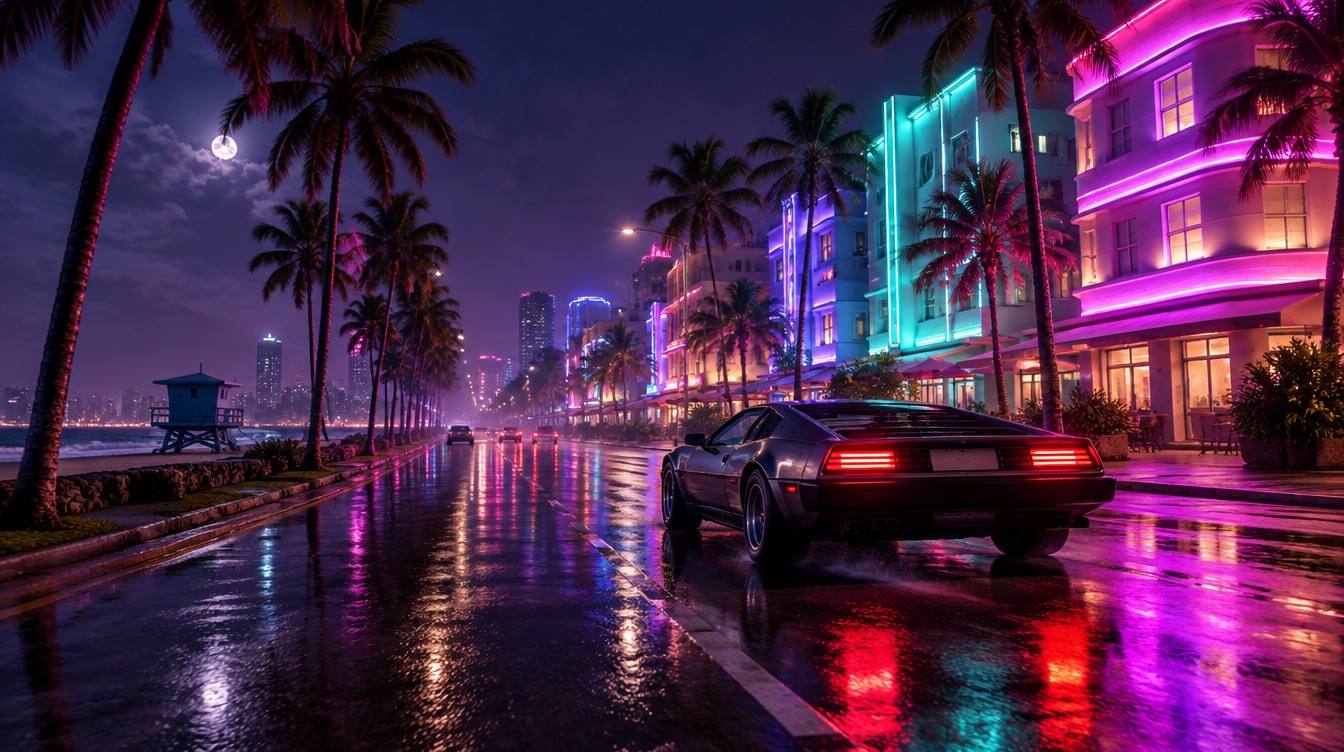 Neon-lit oceanfront boulevard at night with a sports coupe on wet asphalt