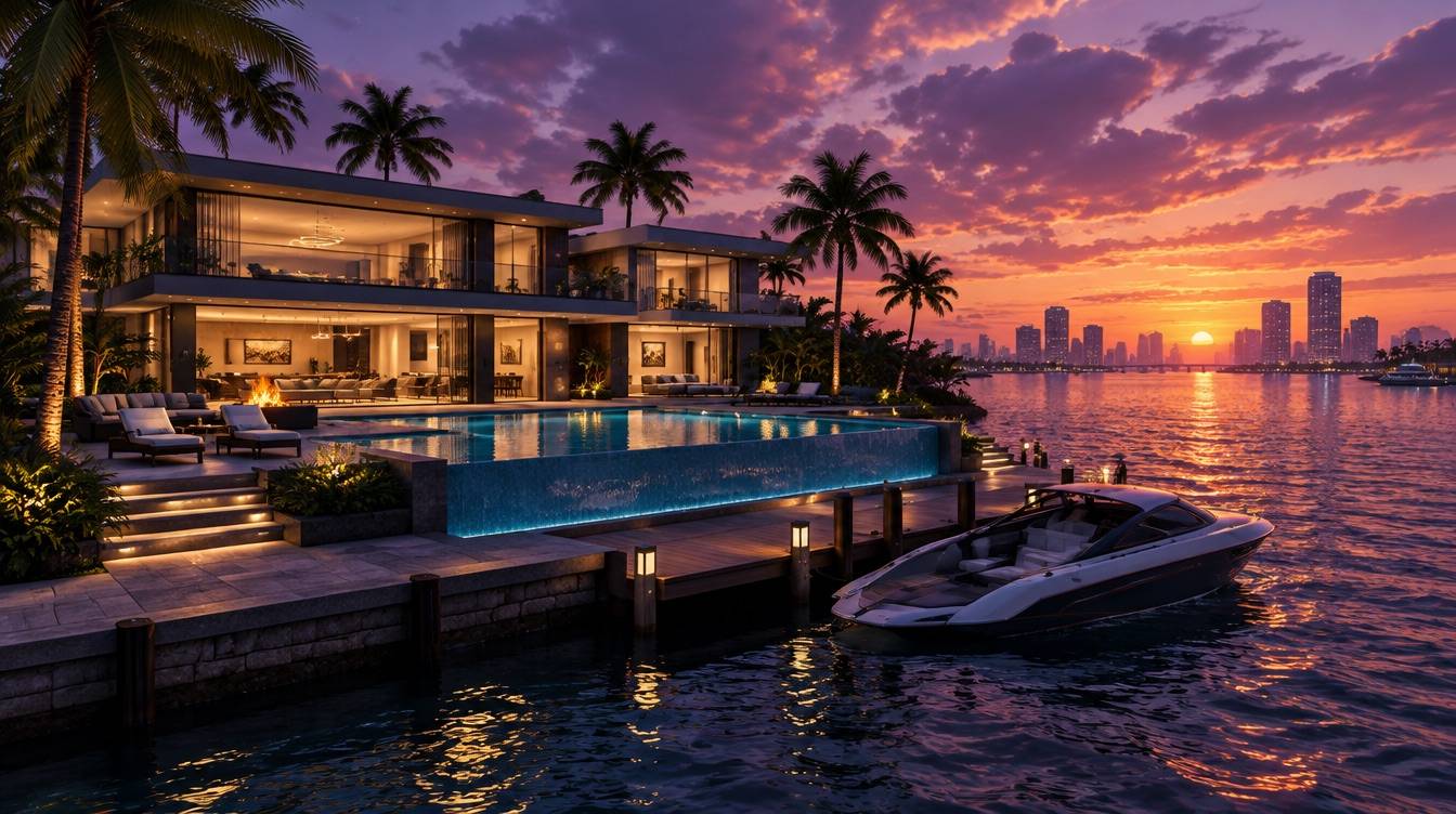 Waterfront mansion with a pool at dusk